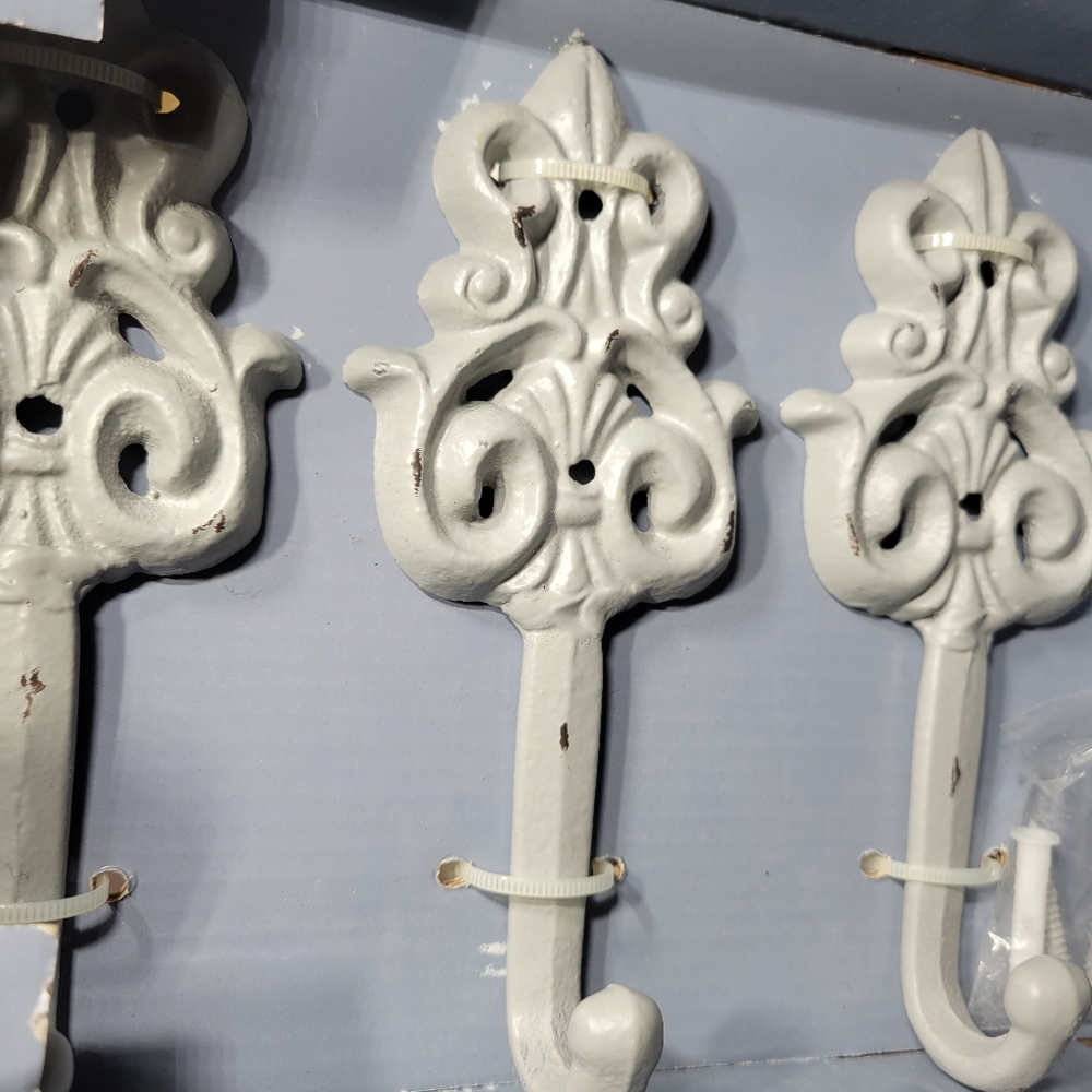Cast iron wall hooks - set of 3 - shabby cottage decor  NEW
